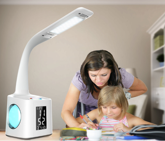 Lámpara de escritorio del LED con el mercado eléctrico, calendario, exhibición de la temperatura, iluminación de la cabecera, estudio, lectura para los niños